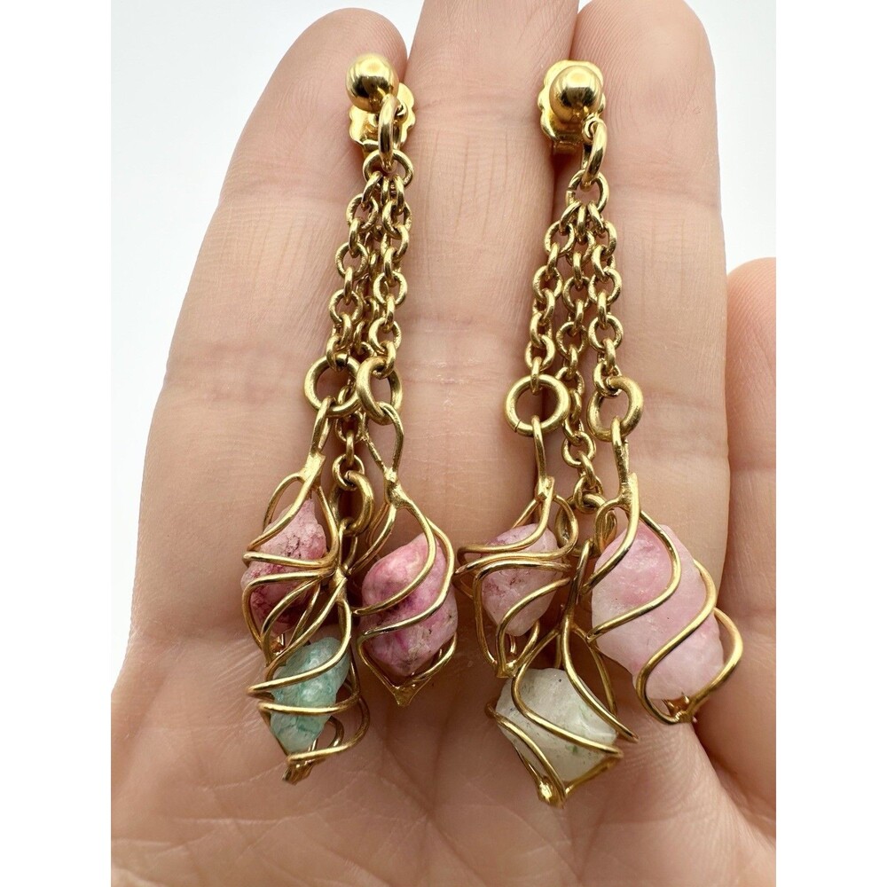 Vintage Caged Gemstone Dangle Earrings Gold Tone